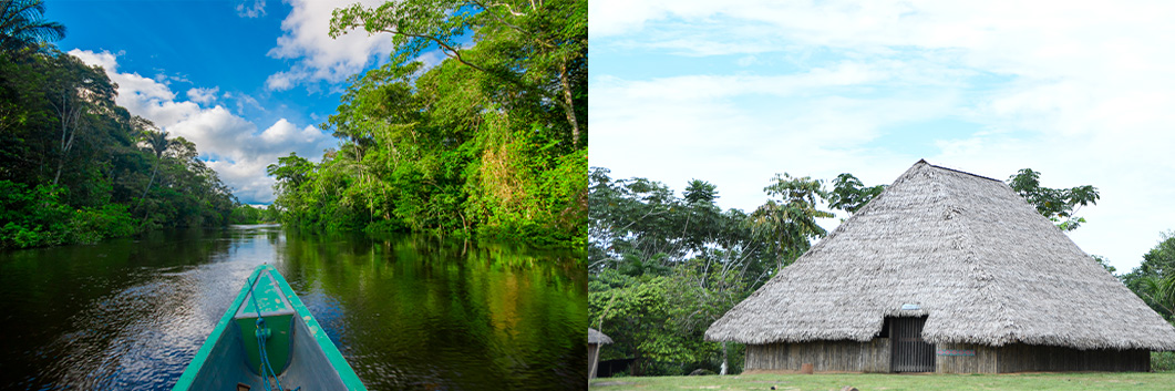 splited boat A split image showing a boat navigating a lush Amazonian river on the left, and a traditional thatched-roof hut in a clearing surrounded by trees on the right.
